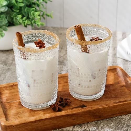 Hobnail Beaded Floral Rose Gold Drinking Glasses Set of 6, 13 oz Vintage Glassware Q3725