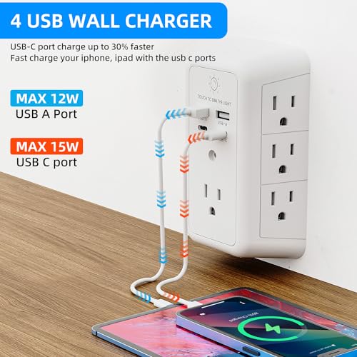 Wall Charger Surge Protector with Night Light, 2 USB-C and 2 USB Ports, 3-Sided Outlet Extender V667