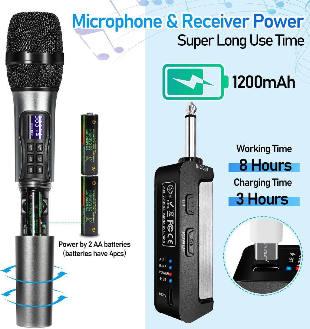 Wireless Karaoke Microphone System with Bluetooth Receiver, UHF 200 ft Range X8065