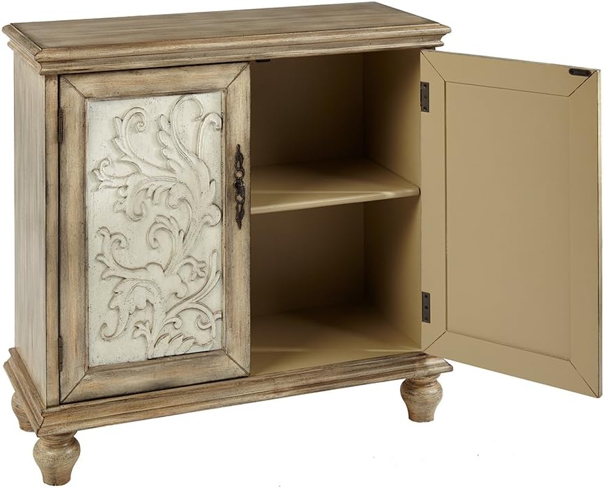 Floral Carved 2-Door Accent Cabinet with Adjustable Shelf, Natural Wood Finish Z9880