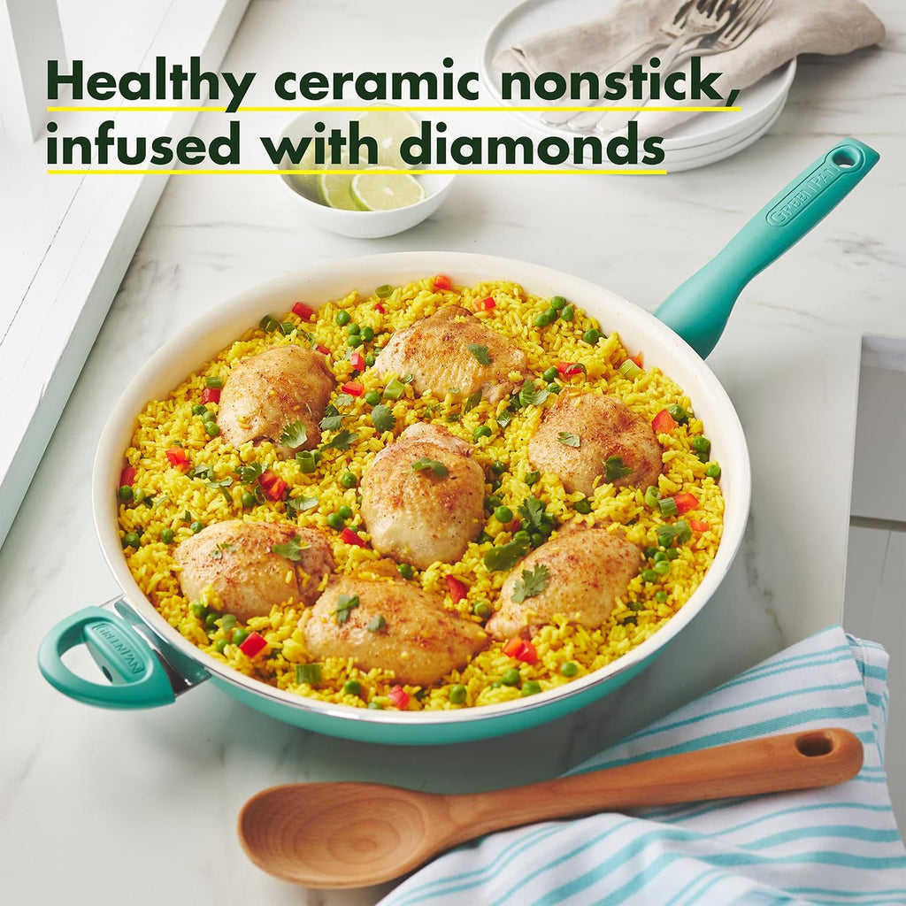 Healthy Ceramic Nonstick 13.5" Frying Pan Skillet with Helper Handle, Turquoise L707