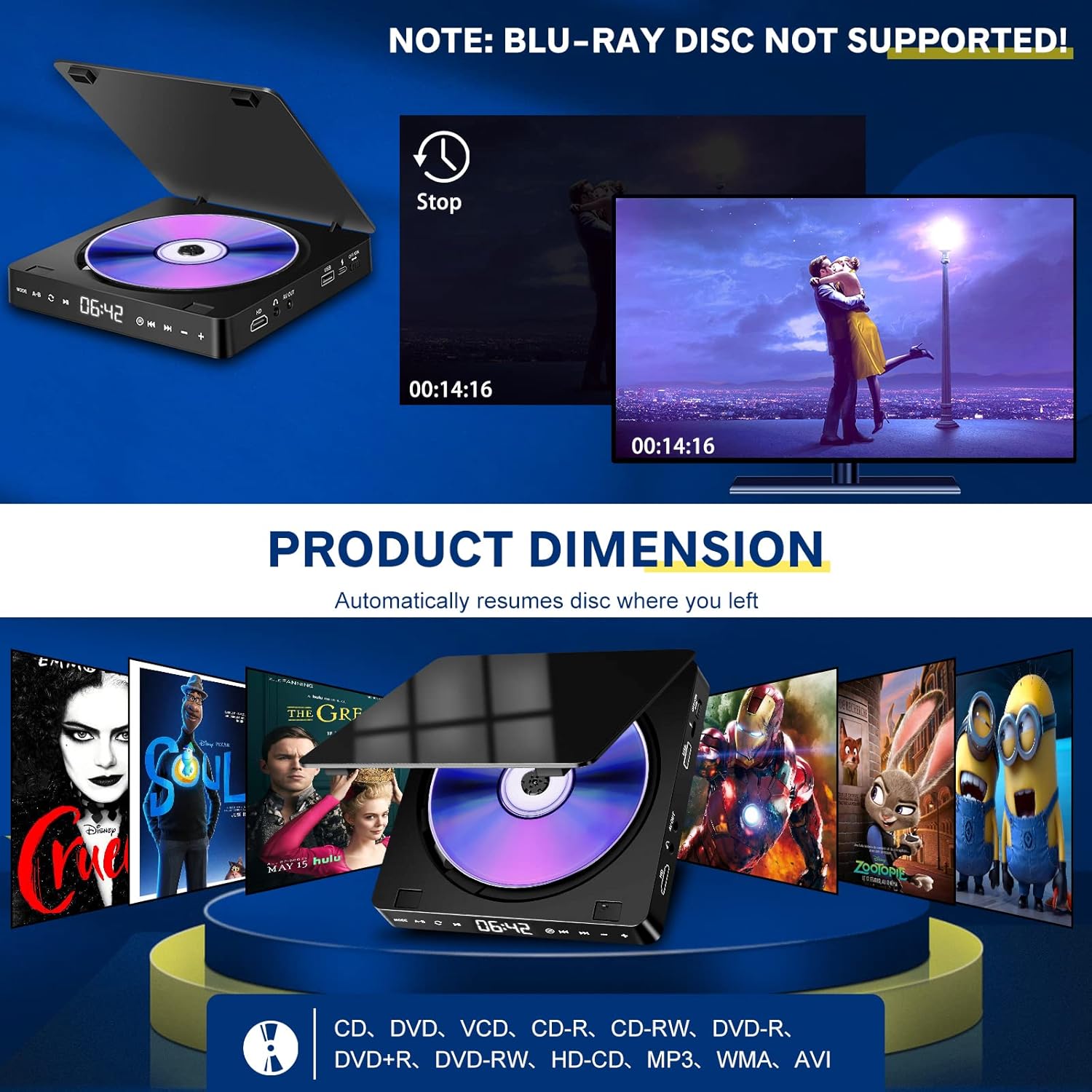 Region-wide free DVD player Portable CD player with HDMI and AV output ports Multifunctional DVD player USB flash drive player (does not play Blu-ray DVDs) (only on TV or projector)