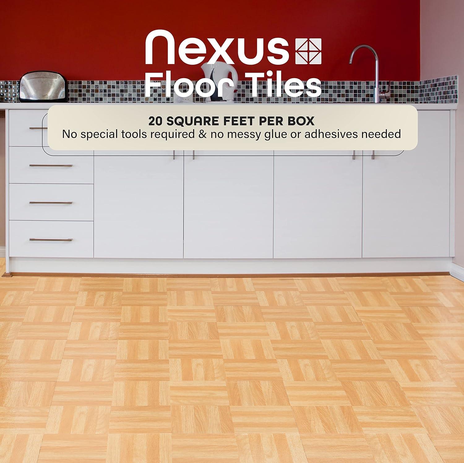Self-Adhesive 12-Inch Vinyl Floor Tiles, 20 Tiles, Parquet Pattern, Peel & Stick for Kitchen, Dining Room, Bedrooms & Bathrooms J669802