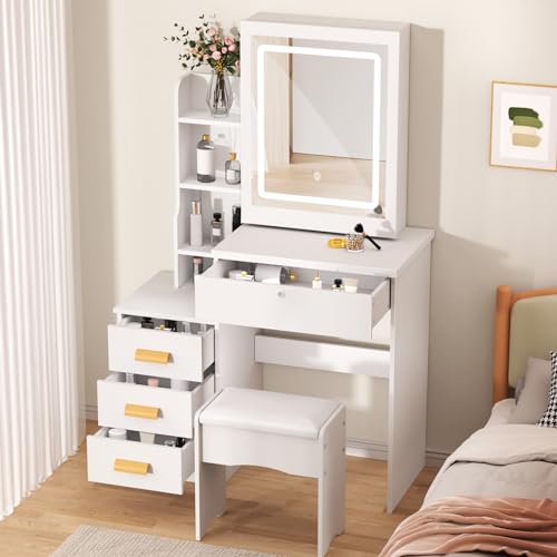 Vanity Desk with Sliding Mirror and Lights, 4 Drawers, Power Outlet R922957