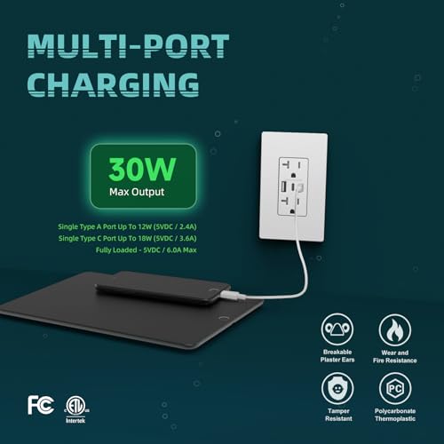 USB Wall Outlet with Dual USB-C Ports, 30W, Tamper-Resistant, White Y50754