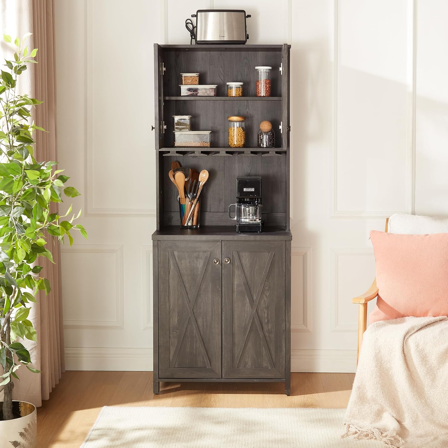 Coffee Bar Cabinet with Microwave Stand, Metal Frame, Hollow Out Barn Design J881