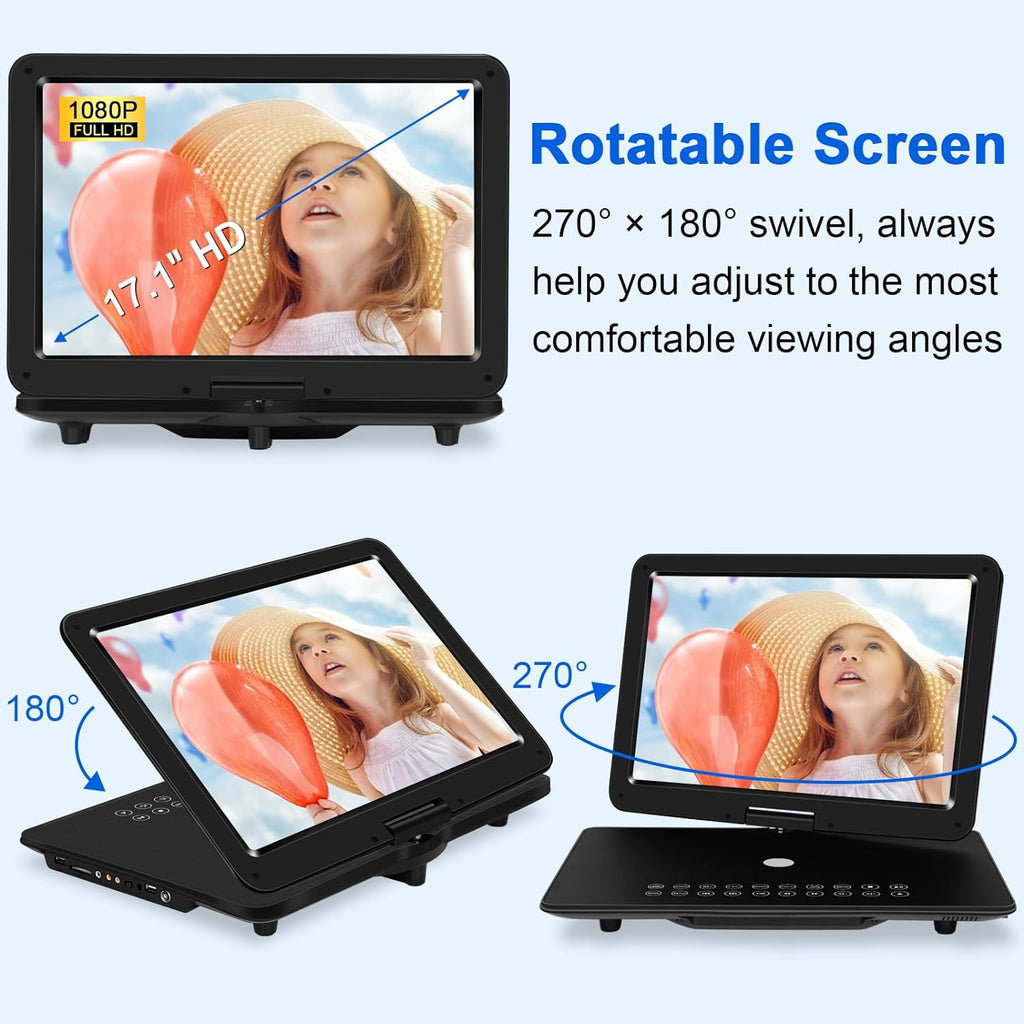 Portable DVD Player with HD Swivel Screen, Rechargeable Battery, USB/SD Card Support W355