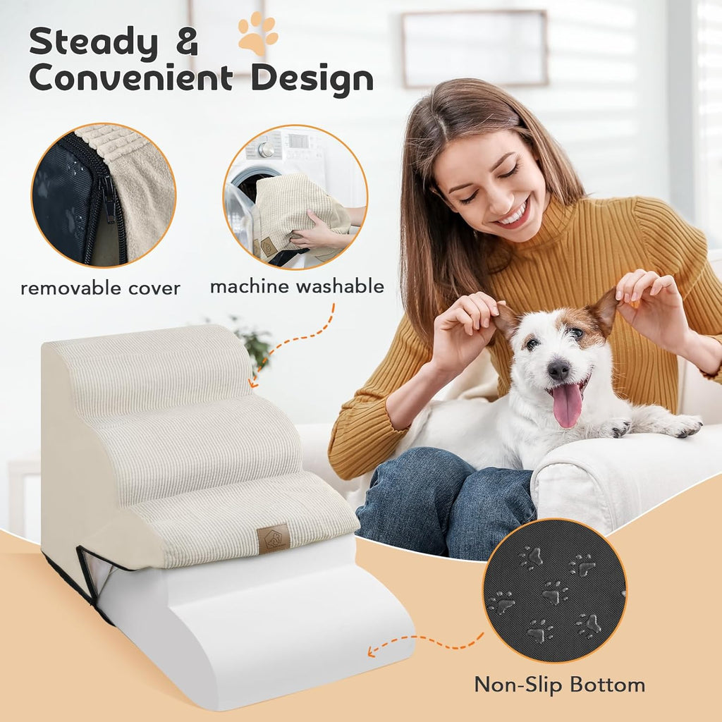 Foam Pet Stairs for High Bed, 4-Tier Dog Steps with Non-Slip Bottom, Beige P5934