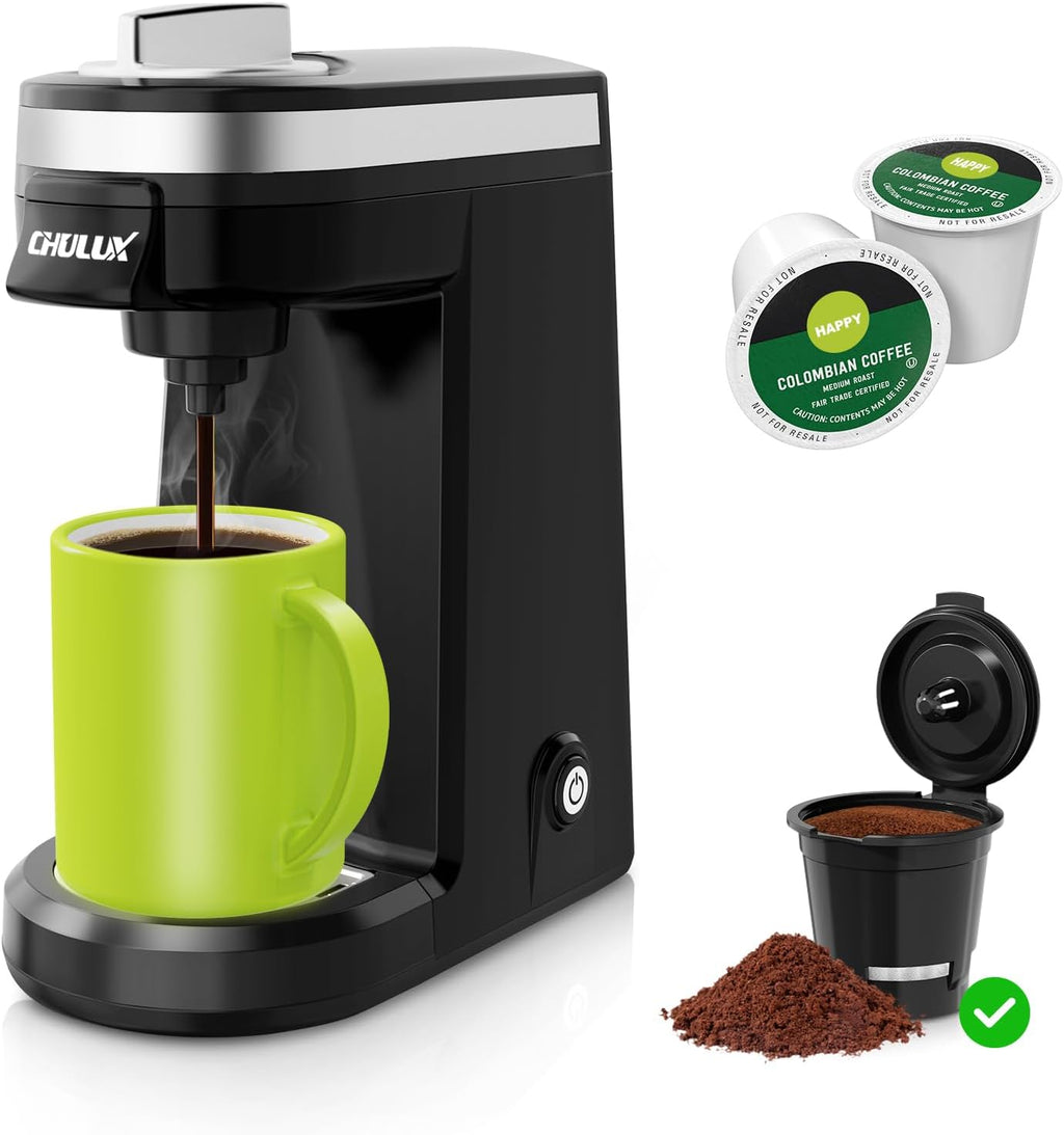 CHULUX Mini 2 in 1 Single Serve Coffee Maker for K Cup & Ground Coffee, Tiny Small Size Coffee Machine for One Person Travel, RV, Truck and Home, Included Coffee Filter
