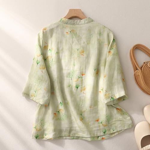 Floral Embroidered Linen Blouse for Women, 3/4 Sleeve Casual Top W2768