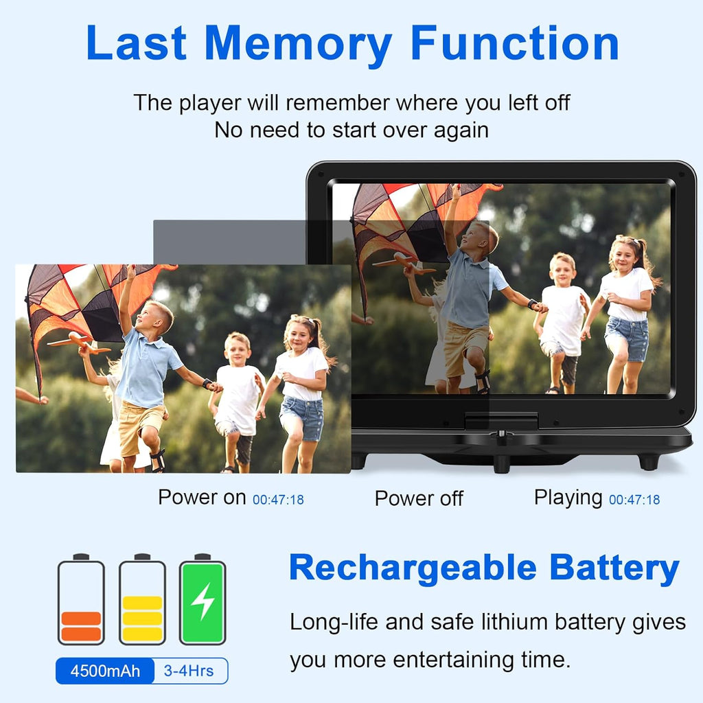 Portable DVD Player with HD Swivel Screen, Rechargeable Battery, USB/SD Card Support W355