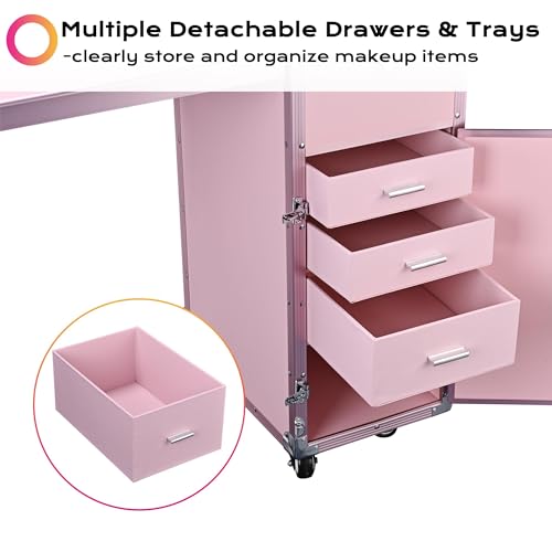 Foldable Rolling Manicure Table with 4 Drawers, Pink Y30853