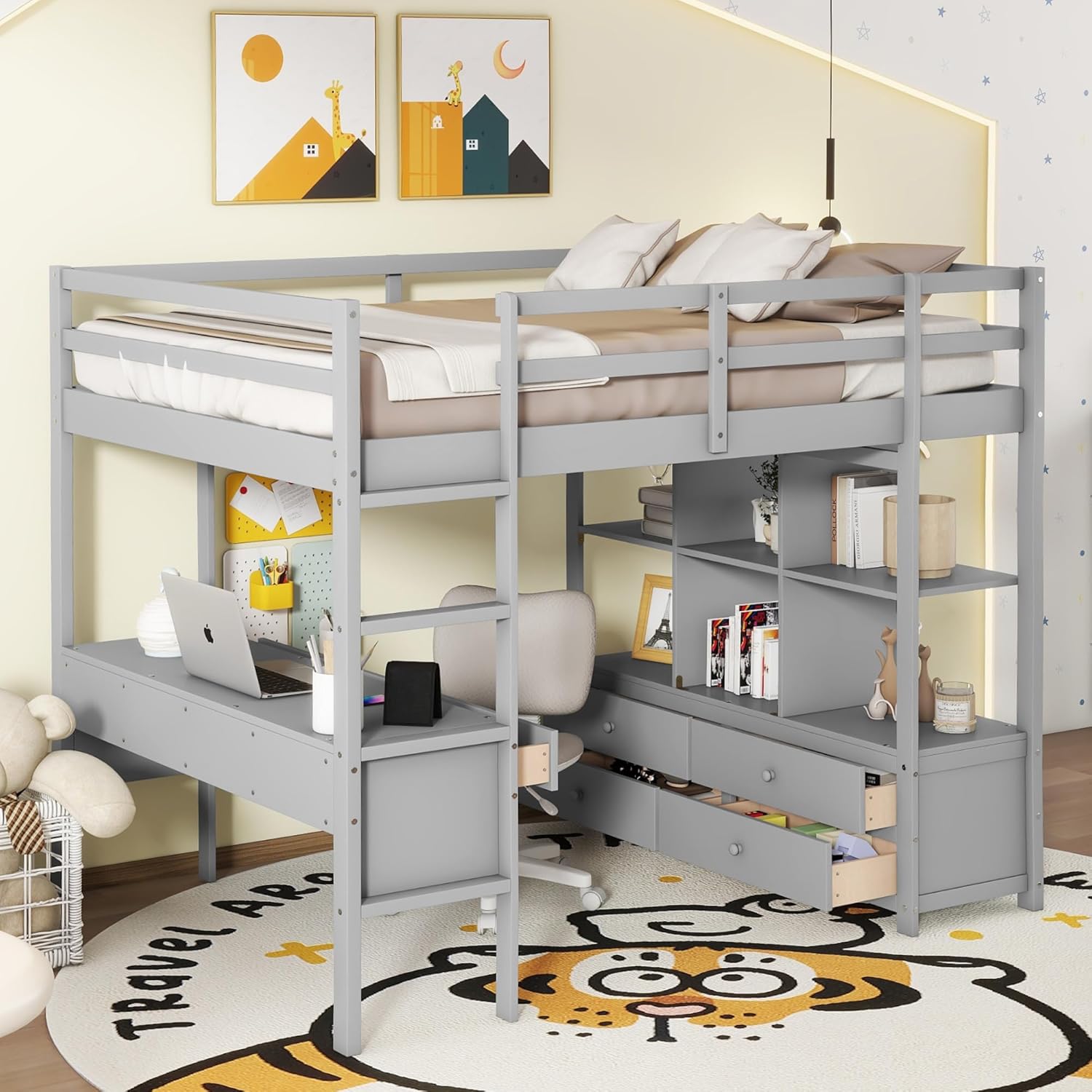 Full Size Loft Bed with Desk and 2 Drawers, Solid Wood, Grey W2237