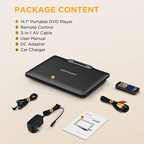Portable DVD Player with 14.1" HD Swivel Screen, Supports DVD/USB/SD, 6 Hrs Battery I3741