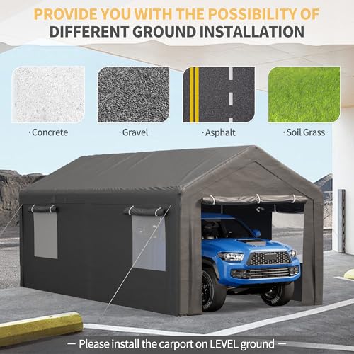 Outdoor Carport 10x20 ft, Portable Garage Canopy with Roll-up Windows and Removable Sidewalls O616