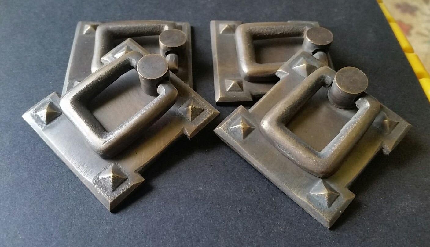 4 Mission Stickley Antique Style Brass Vertical Ring Handles pulls with Bolts 2 1/8" #H38