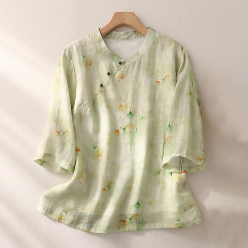 Floral Embroidered Linen Blouse for Women, 3/4 Sleeve Casual Top W2768
