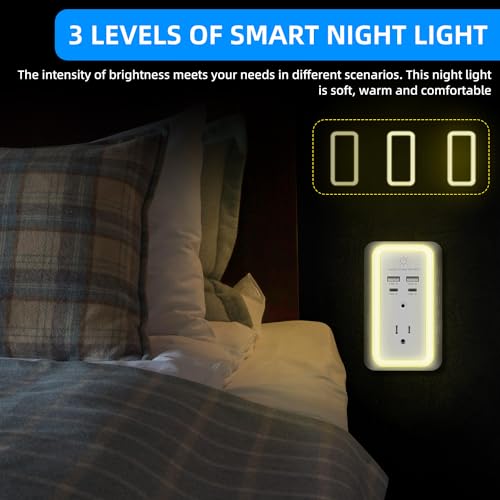 Wall Charger Surge Protector with Night Light, 2 USB-C and 2 USB Ports, 3-Sided Outlet Extender V667