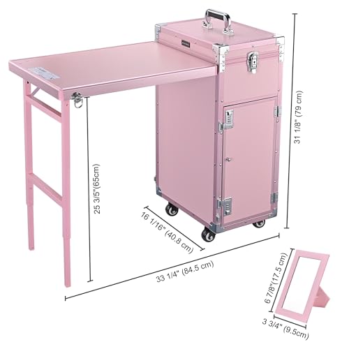 Foldable Rolling Manicure Table with 4 Drawers, Pink Y30853