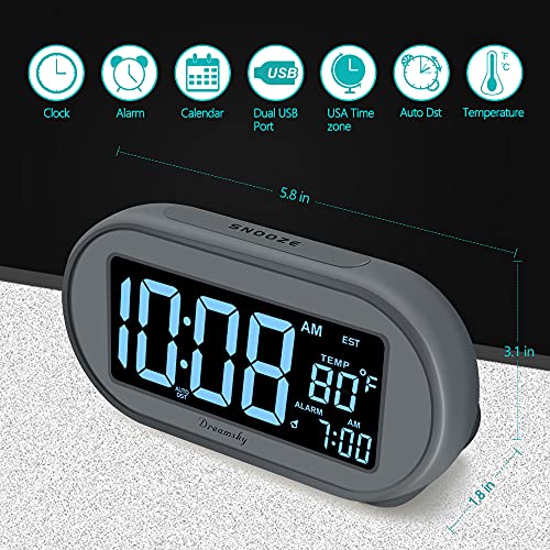 Alarm Clock for Bedrooms, Auto Set Digital Desk Clock with Dimmable Brightness, USB Port, Snooze J688986