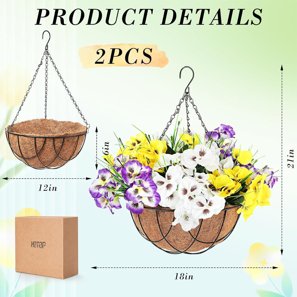 2 Pack Artificial Flowers with Hanging Basket, Faux Pansy 12 Inch O58132