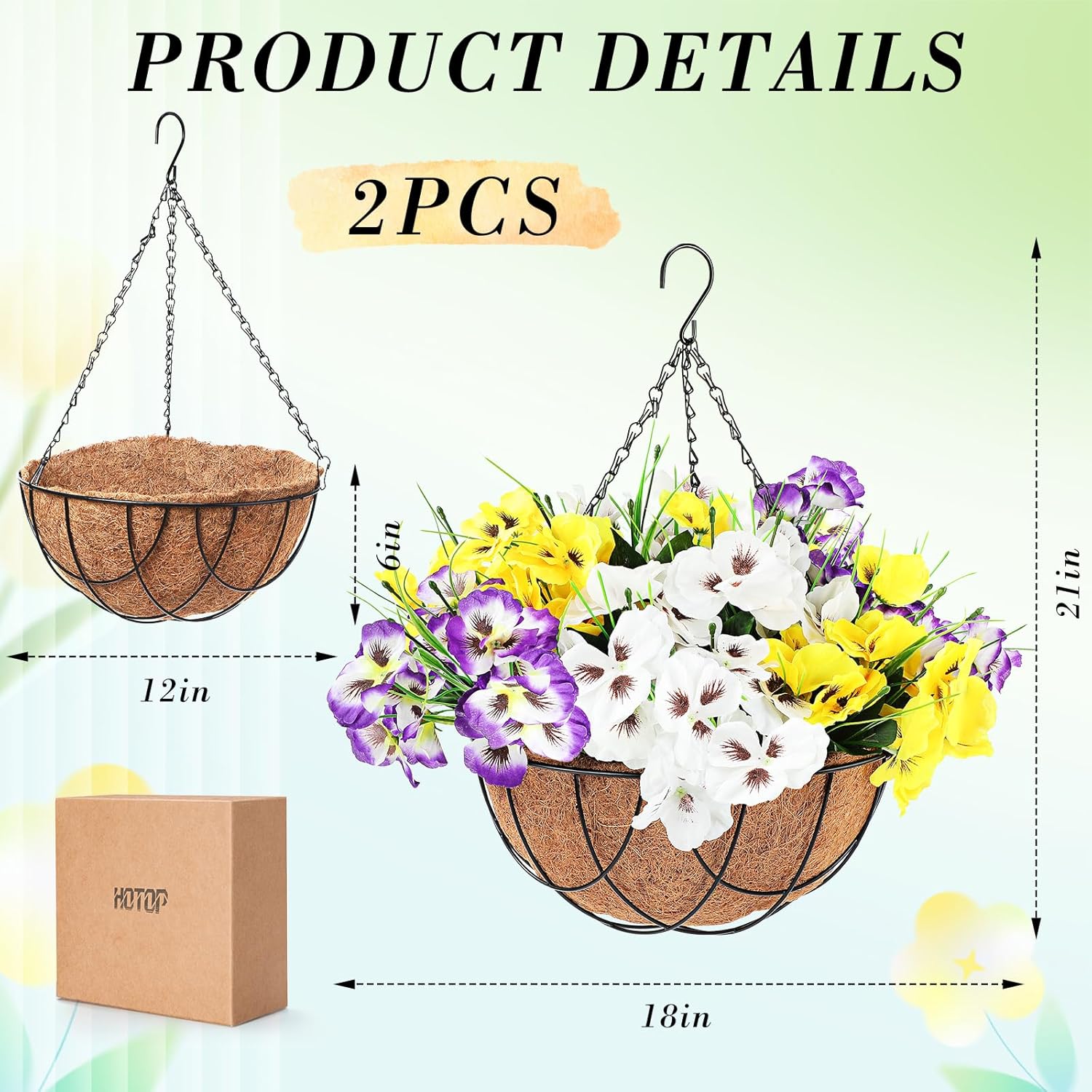 2 Pack Artificial Flowers with Hanging Basket, Faux Pansy 12 Inch O58132