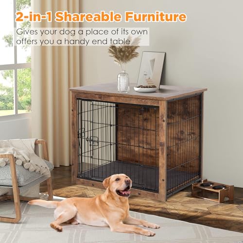 Wooden Dog Crate with Cushion and Double Door for Small and Medium Dogs F575