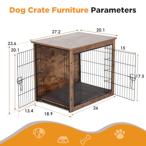 Wooden Dog Crate with Cushion and Double Door for Small and Medium Dogs F575