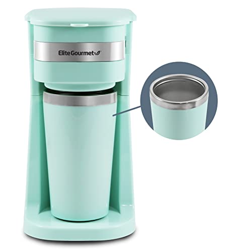 Elite Gourmet EHC111A Personal Single-Serve Compact Coffee Maker Brewer Includes 14Oz. Stainless Steel Interior Thermal Travel Mug, Compatible with Coffee Grounds, Reusable Filter, Black