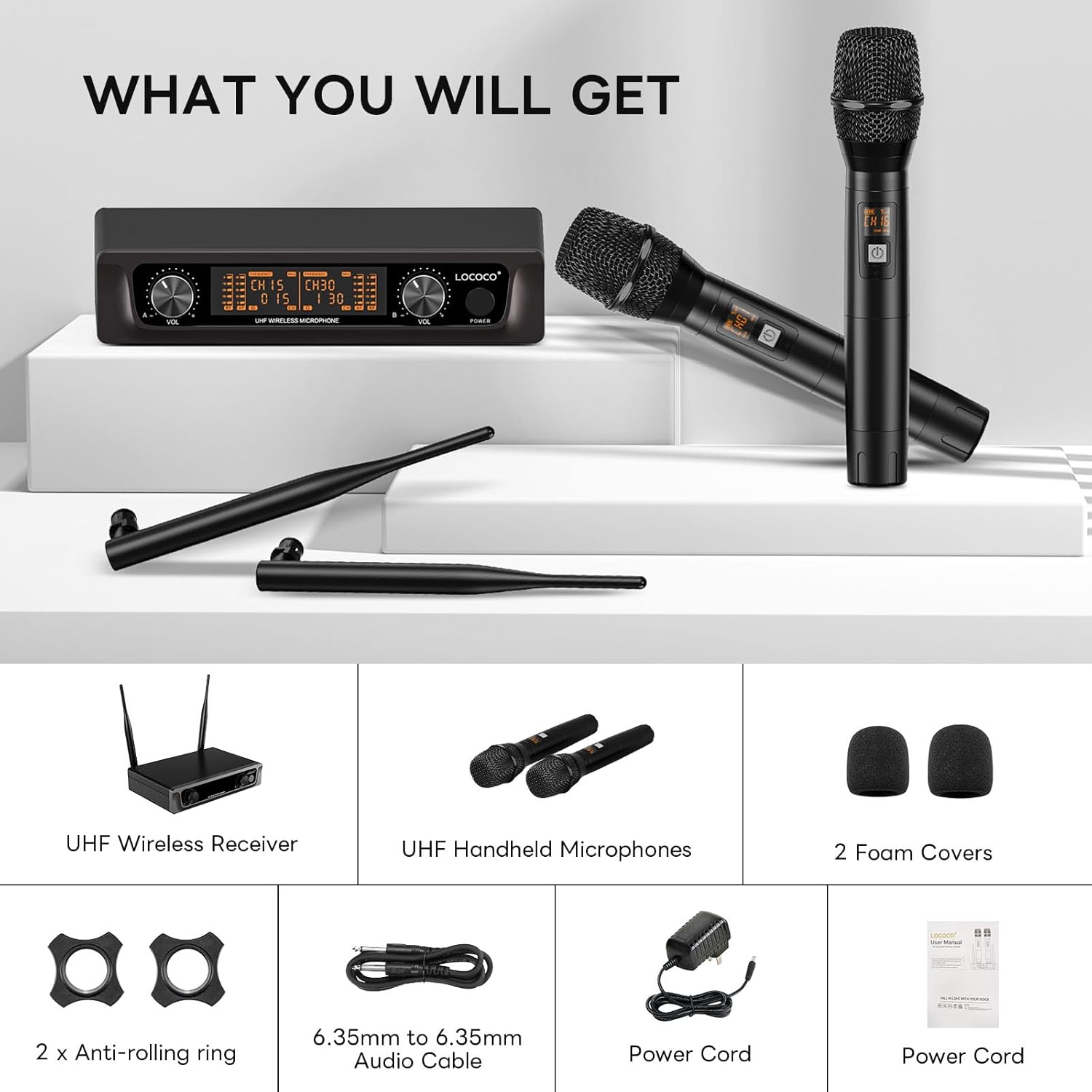 Metal Dual Wireless Microphone System with Receiver for Karaoke, DJ, Party I55368