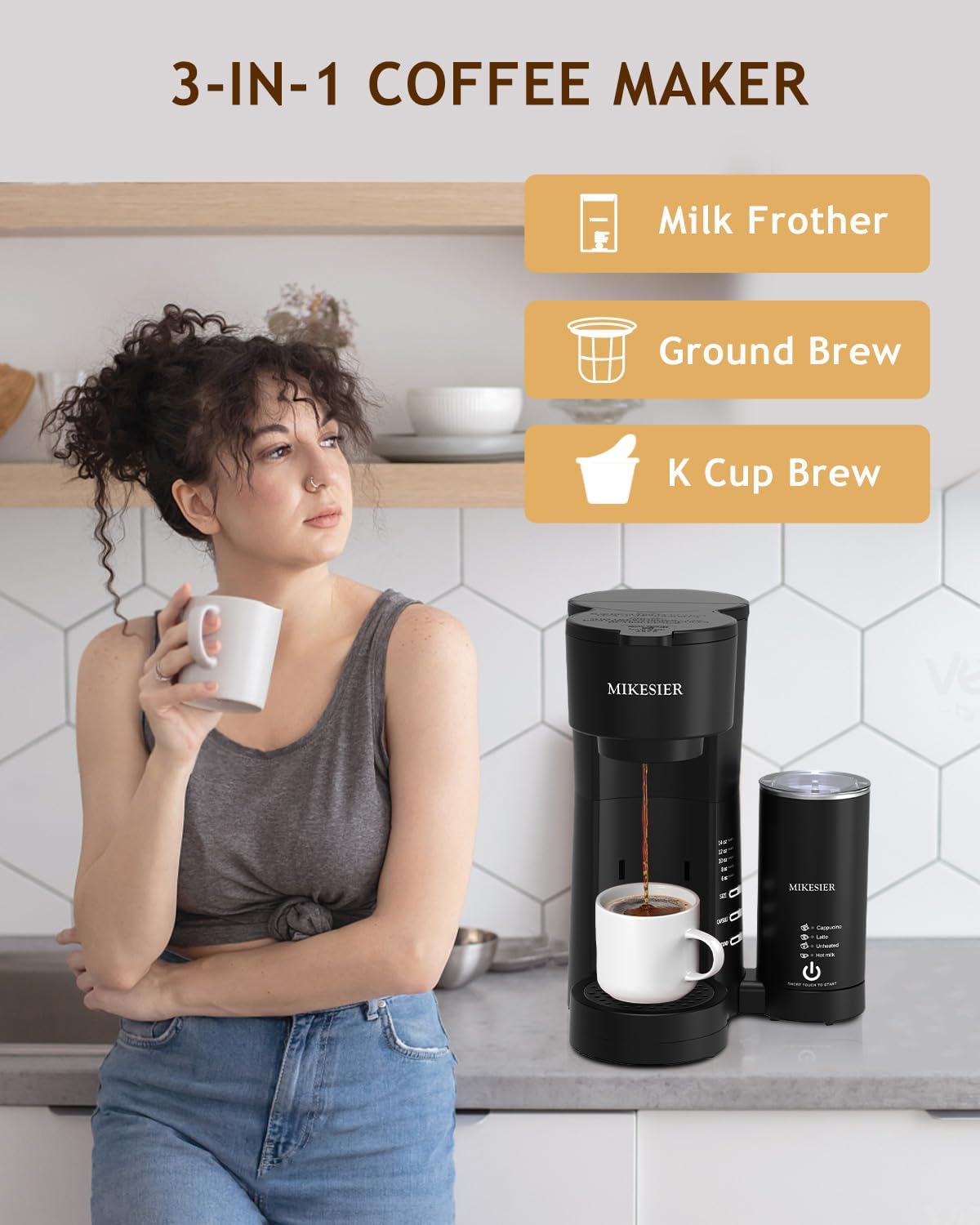 Single Serve Coffee Maker with Milk Frother, 6 to 14oz Brew Size R364