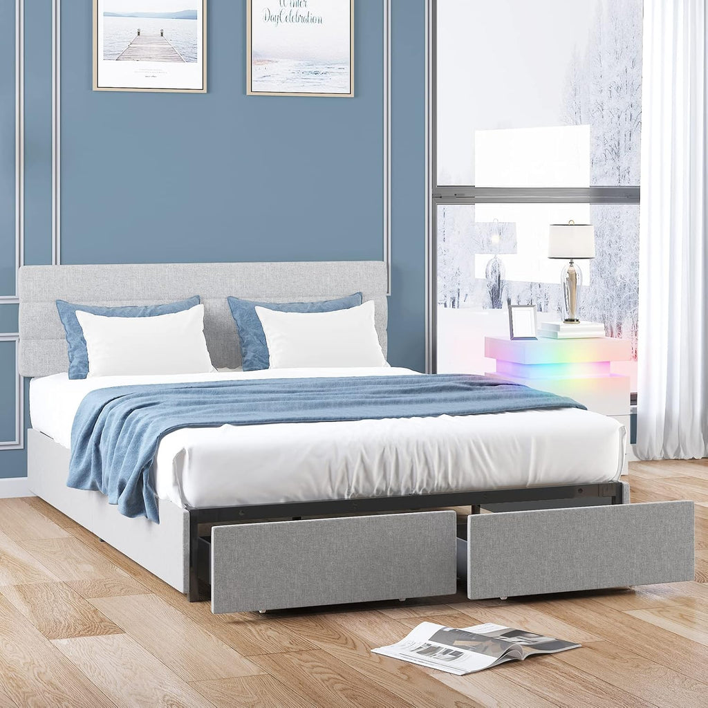 King Bed Frame with 2 Storage Drawers, Linen Headboard, No Box Spring Needed C55509