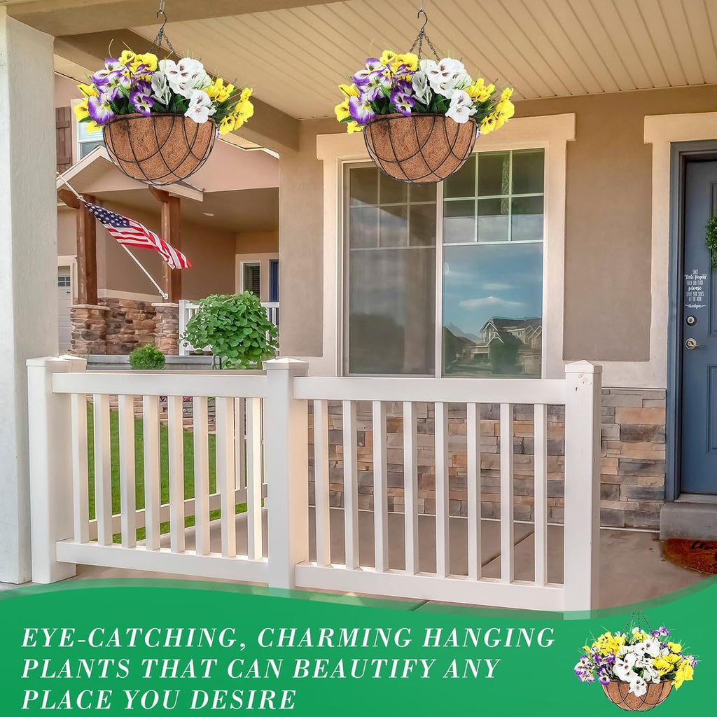 2 Pack Artificial Flowers with Hanging Basket, Faux Pansy 12 Inch O58132