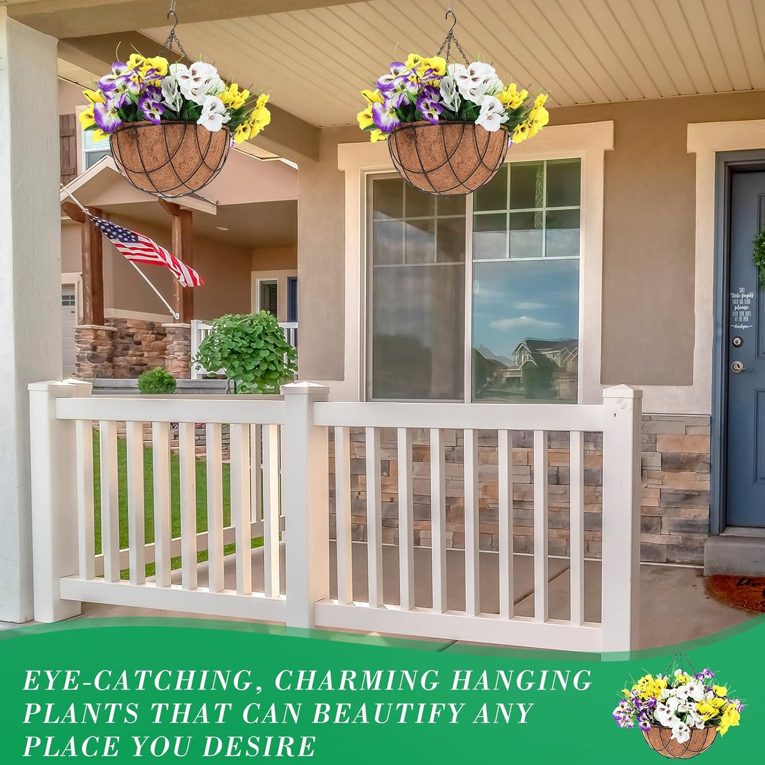 2 Pack Artificial Flowers with Hanging Basket, Faux Pansy 12 Inch O58132