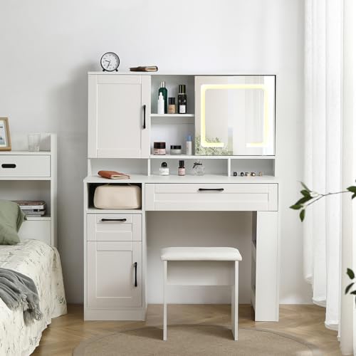 White Vanity Desk With Mirror And Cushioned Stool,Makeup Desk With Right Sliding Mirror,Vanity with Drawers and Open Shelves,Practical Fashionable Vanity Table Dressing Table for Women Girls,31in