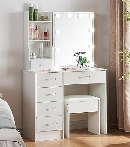 Vanity Set with Lights and Mirror, Storage Drawers and Stool N8097