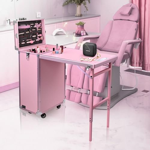 Foldable Rolling Manicure Table with 4 Drawers, Pink Y30853