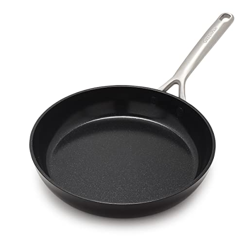 GreenPan GP5 Hard Anodized Healthy Ceramic Nonstick 10" Frying Pan Skillet, Heavy Gauge Scratch Resistant, Stay Flat Surface, Induction, Mirror Finish Handle,Oven Safe, PFAS-Free, Black