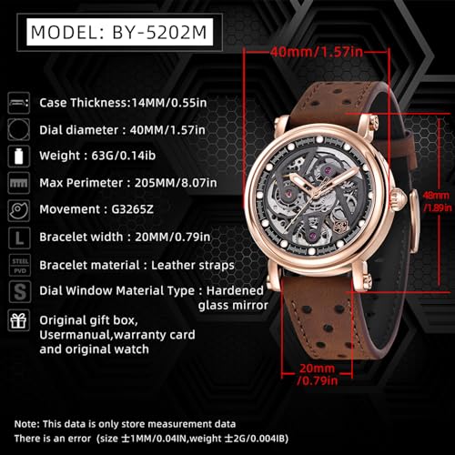 Automatic Watch for Men Black Skeleton Dial 50M Waterproof Leather R84810