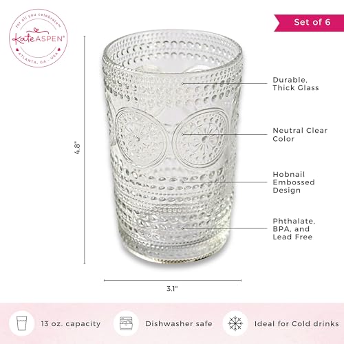 Hobnail Beaded Floral Rose Gold Drinking Glasses Set of 6, 13 oz Vintage Glassware Q3725