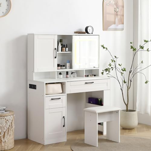 White Vanity Desk with Mirror and Cushioned Stool I65540