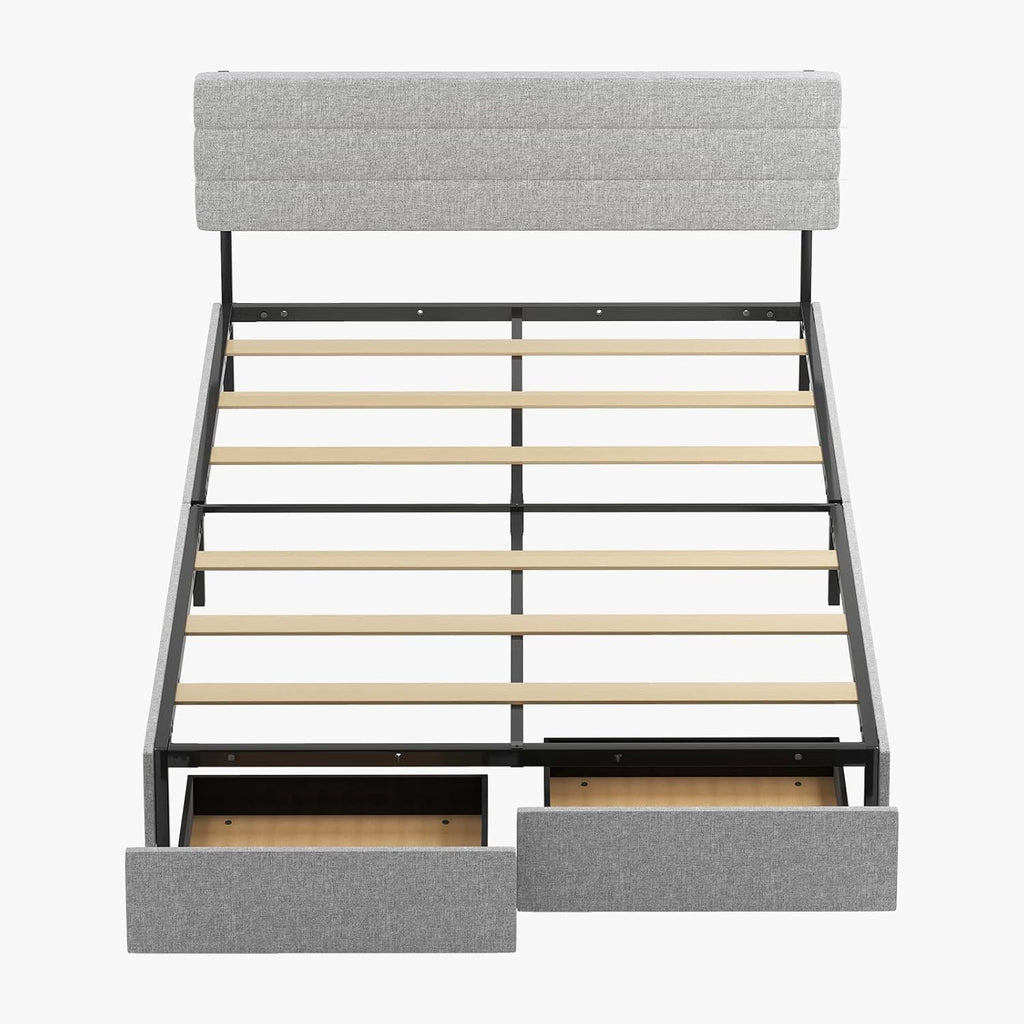 King Bed Frame with 2 Storage Drawers, Linen Headboard, No Box Spring Needed C55509