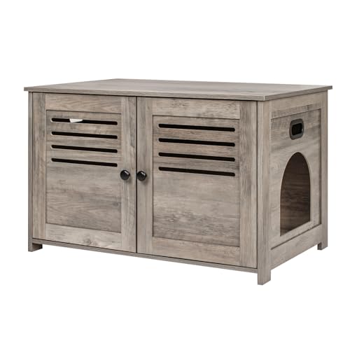 DINZI LVJ Litter Box Enclosure for 2 Cats, Hidden Litter Box Furniture with Double Rooms, Dual Cat Litter House with Louvered Front Doors, 47.2" Hidden Cat Washroom, Wooden Cat Cabinet, Espresso