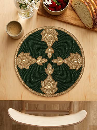 Green Gold Beaded Placemat 13 Inch Round Table Mat G8561