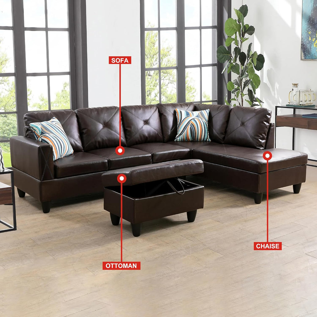 L-Shaped Sectional Sofa with Chaise, Faux Leather, Brown R925652