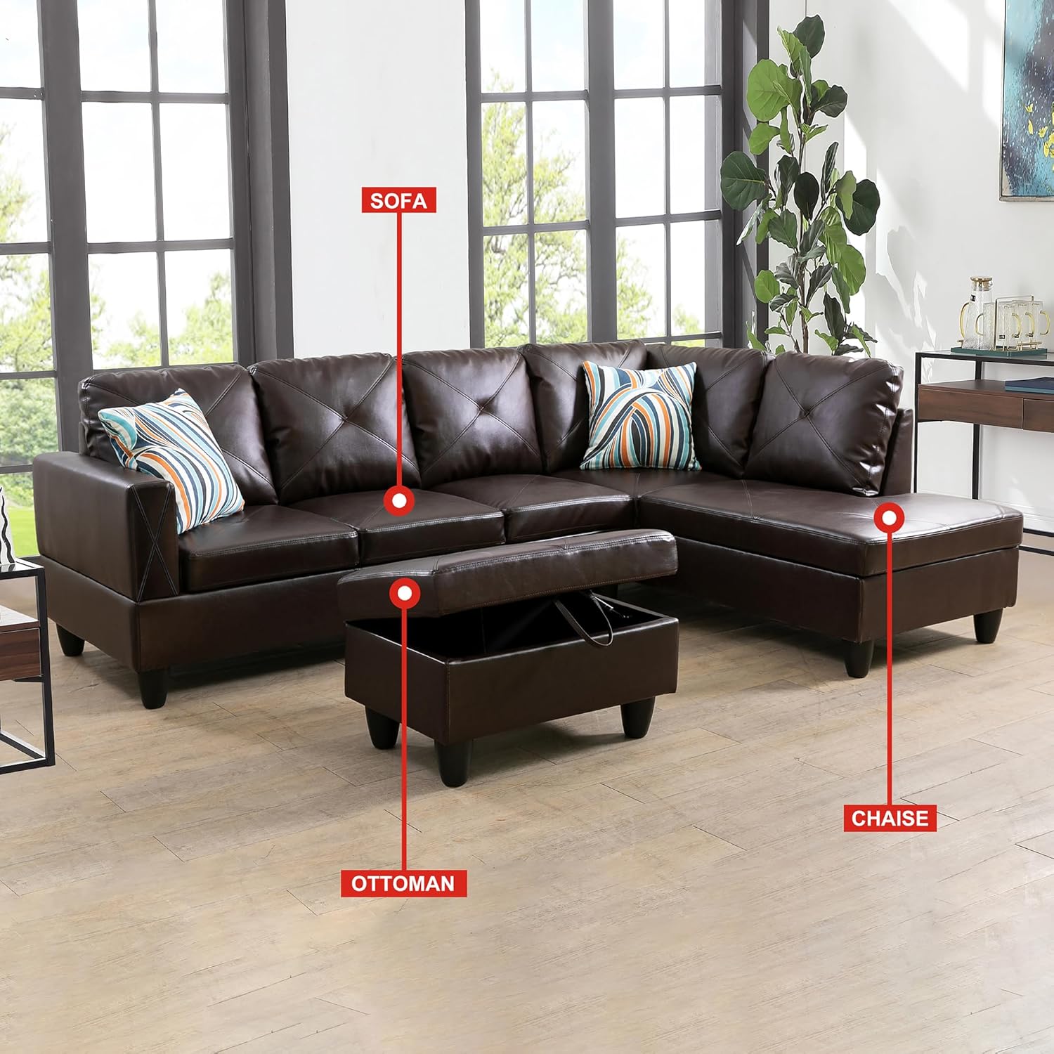 L-Shaped Sectional Sofa with Chaise, Faux Leather, Brown R925652