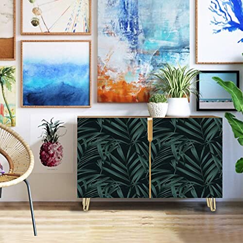 Watercolor Palm Leaf Wooden Door Accent Cabinet with Storage L2875