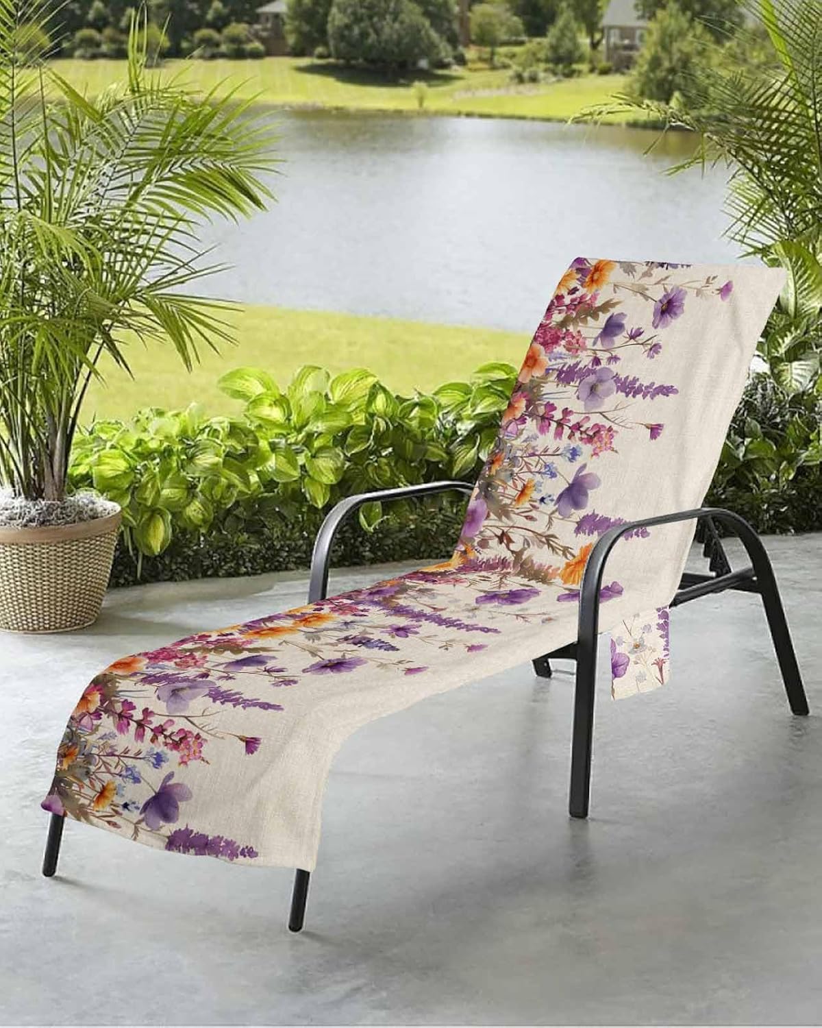 Beach Chair Cover with Side Pockets, Quick Dry, Watercolor Floral Print J8386