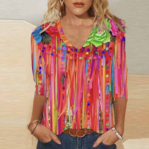 V Neck Summer Shirts Women Elbow Length Sleeve Casual Loose Tunics V692840
