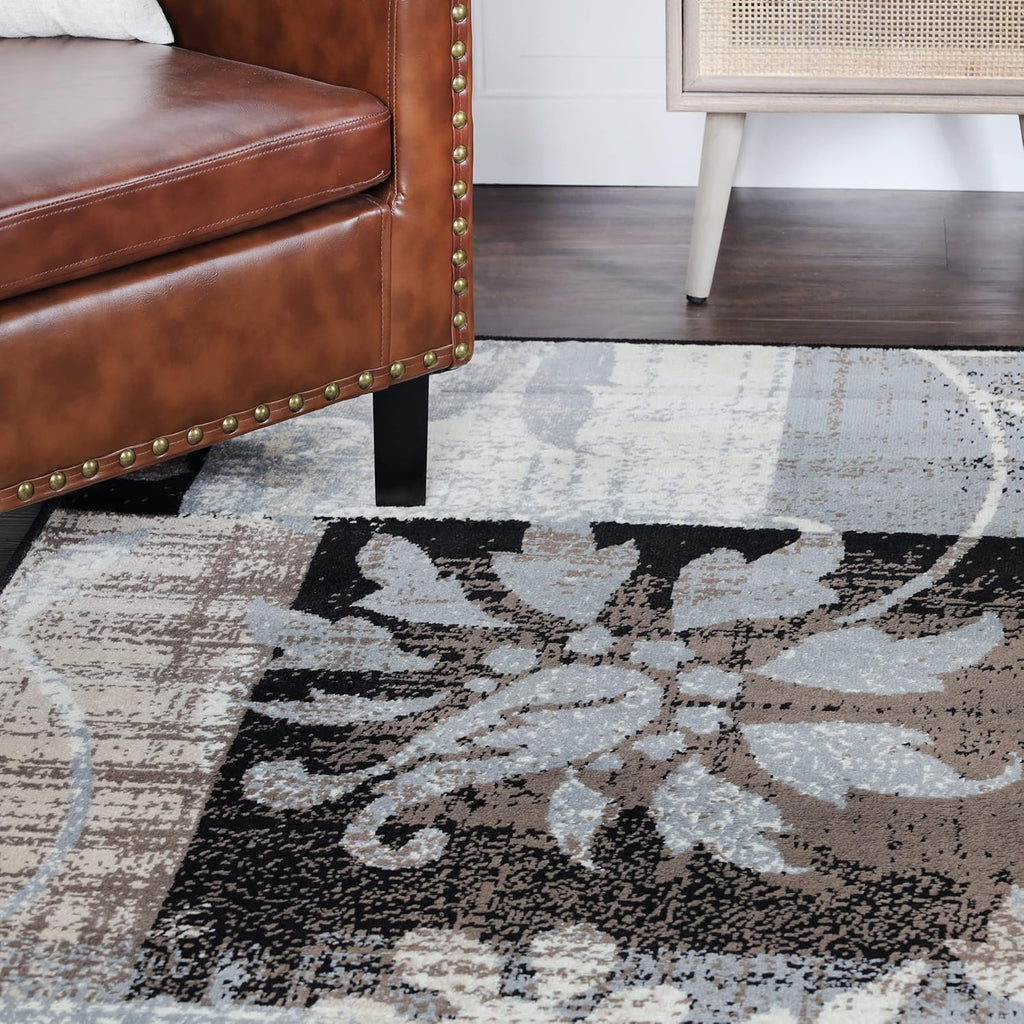 Indoor Large Area Rug with Jute Backing, Floral Geometric Decor, 5' x 5', Beige D785